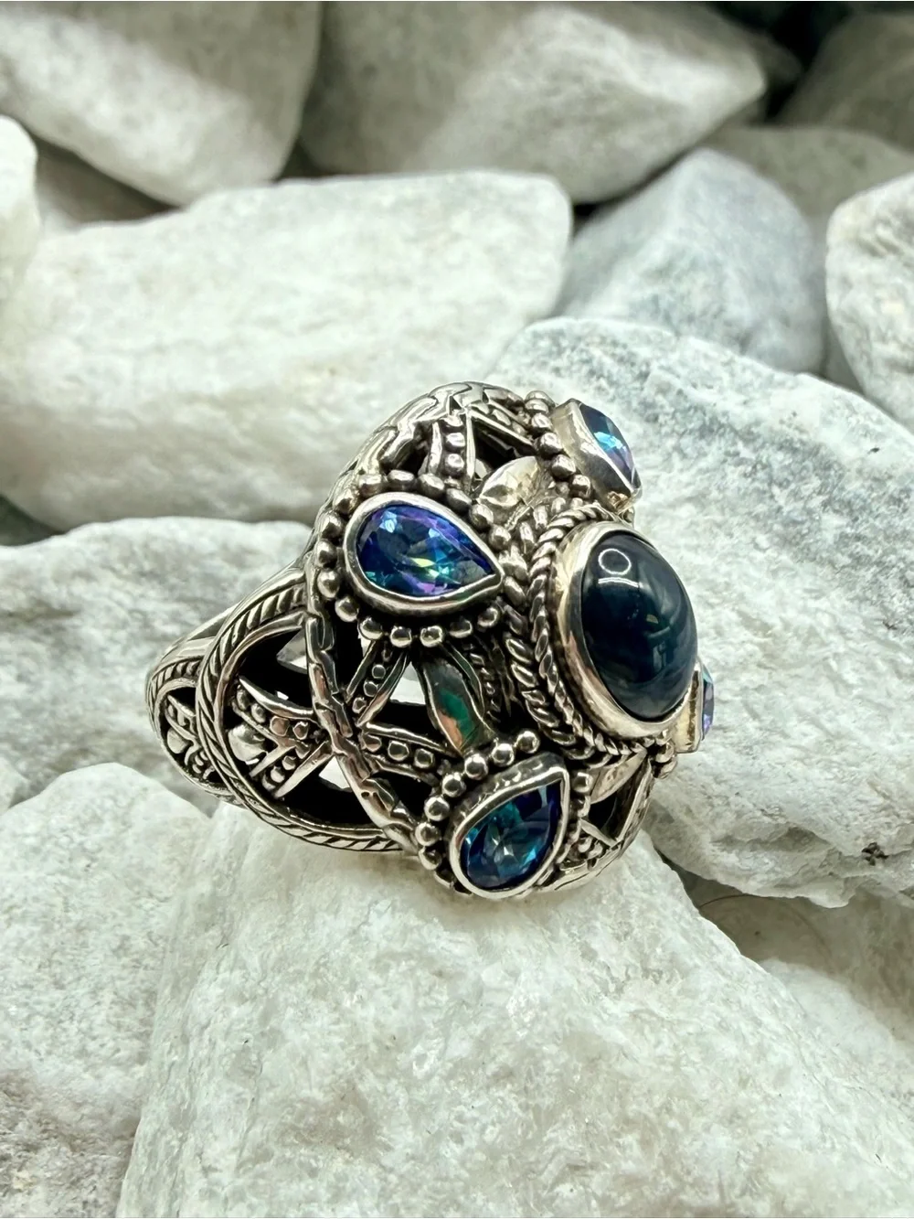 Vintage SARDA 925 Sterling Silver Sapphire Blue Topaz Statement Ring Size 8 EUC